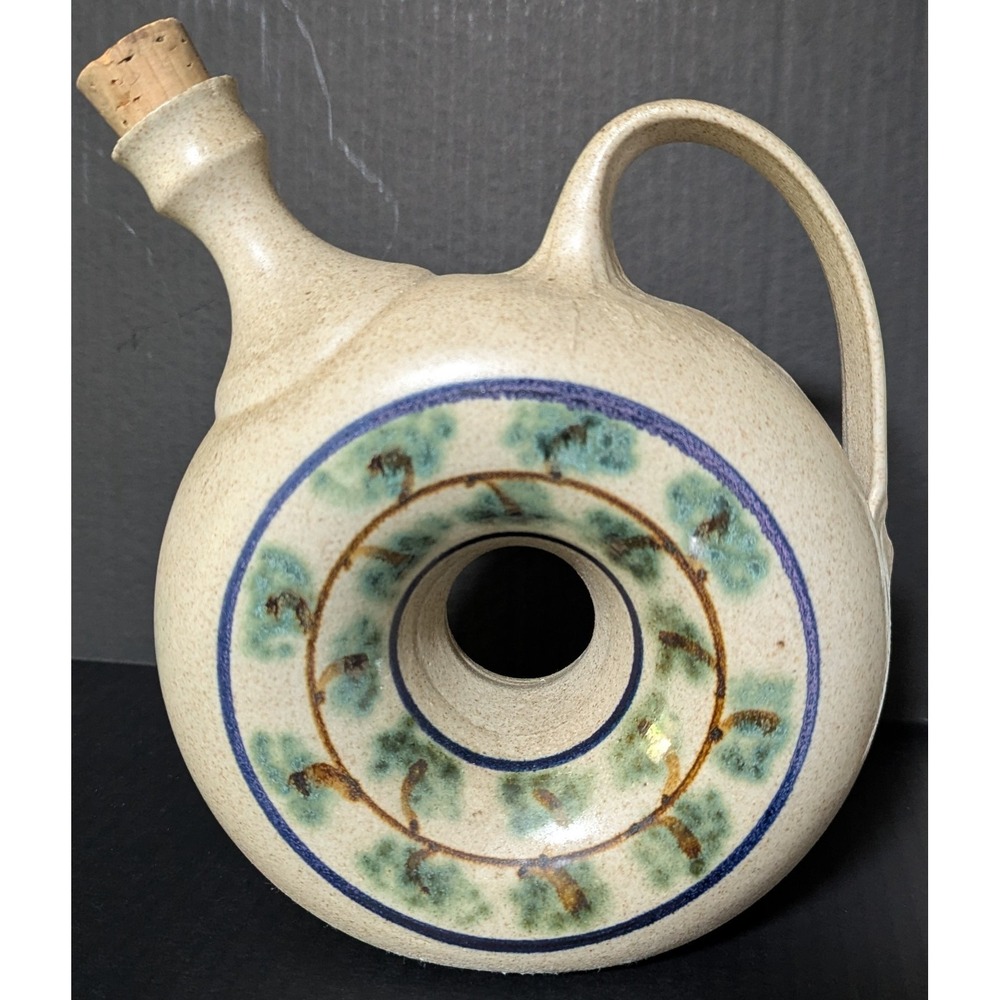 Andrew Quient Art Pottery Corked Wine Ewer Tree/Ring Motif Artist Signed 8" x 7"